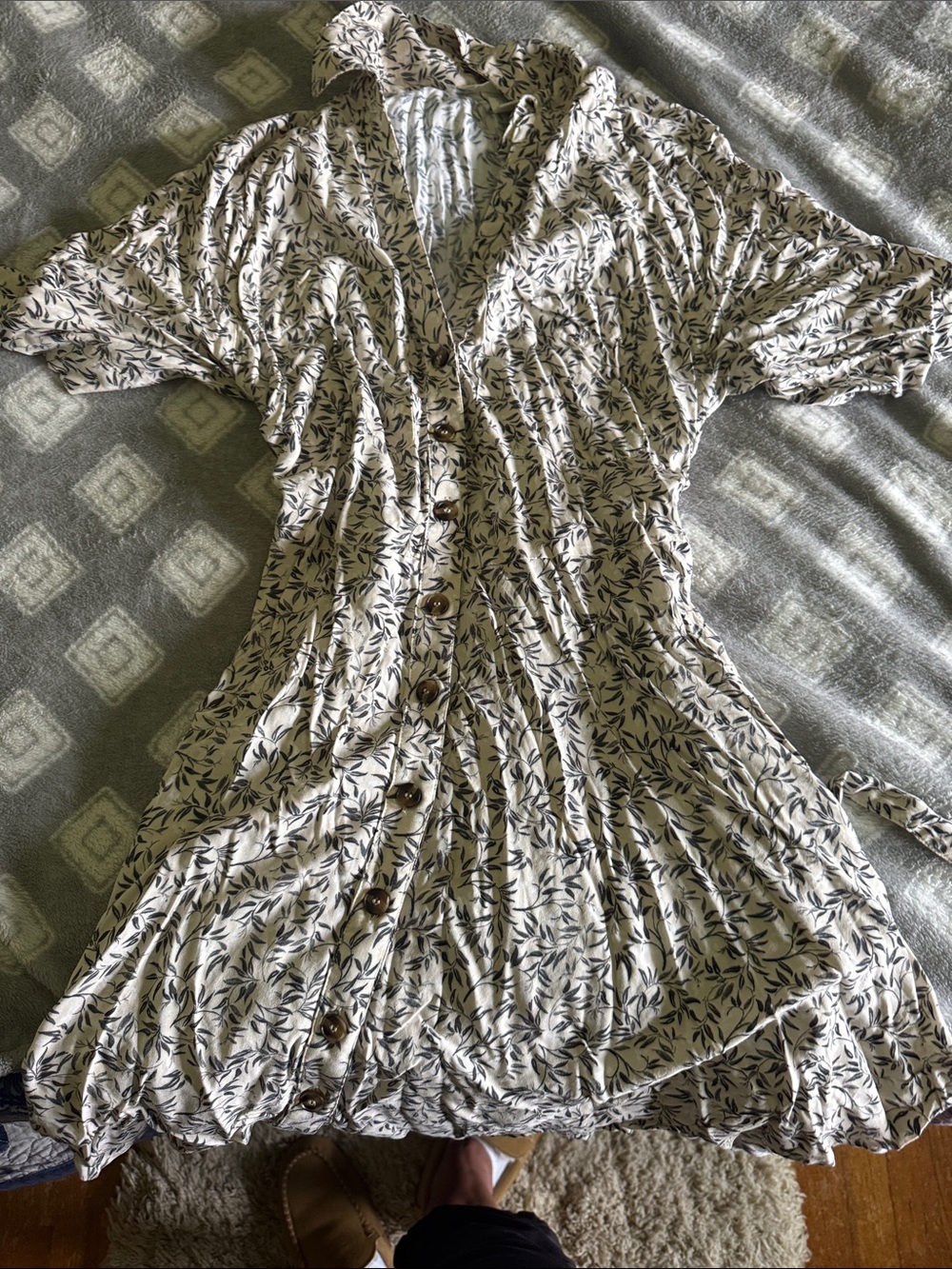 H&M Cream Midi Dress with Navy Leaf Print